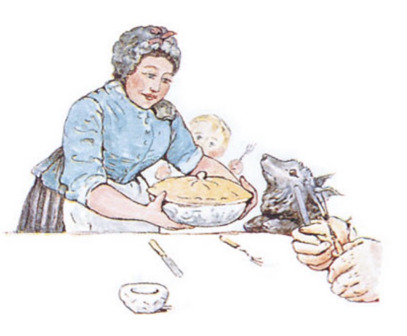 Mrs. McGregor putting Father Rabbit in a pie