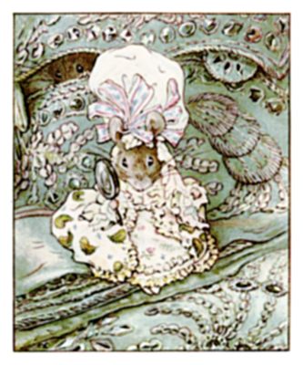 A well-dressed mouse in a lace cap and shawl