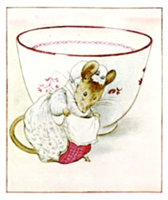 A little lady mouse making a curtsey on the dresser