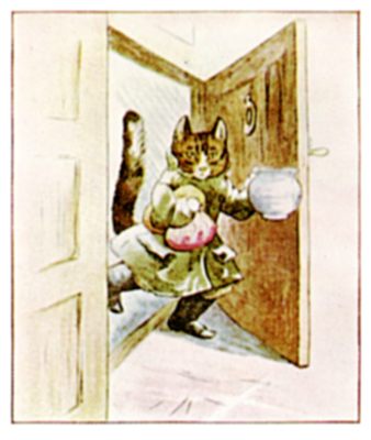 Simpkin the cat returns to the kitchen with the groceries