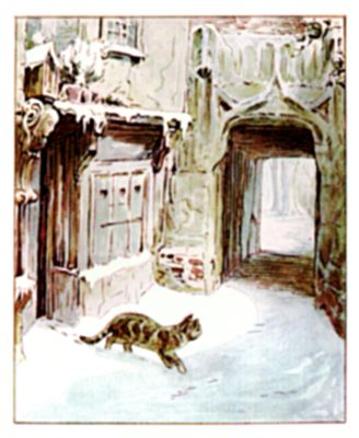 Simpkin leaving the house into the moonlit winter night