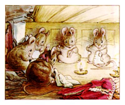 Mice industriously sewing inside the tailor shop
