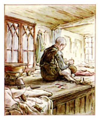 The Tailor of Gloucester sitting at his workboard