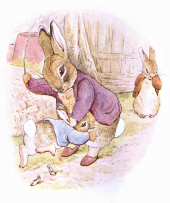 Mr. Bunny taking Peter by the ears