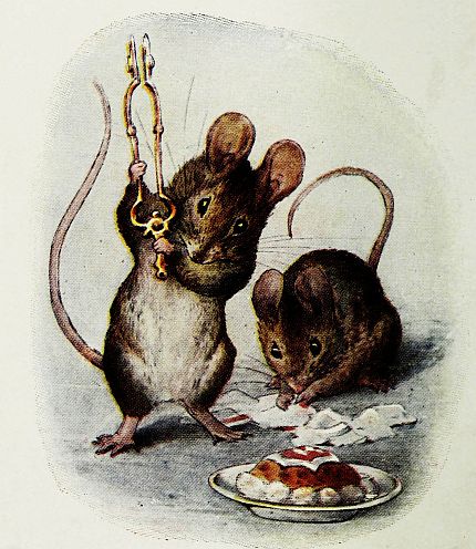 Tom Thumb and Hunca Munca smashing the dollhouse plum pudding
