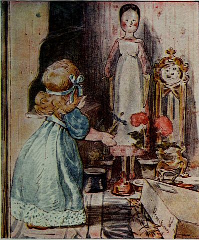The dolls Lucinda and Jane with their packing case of food