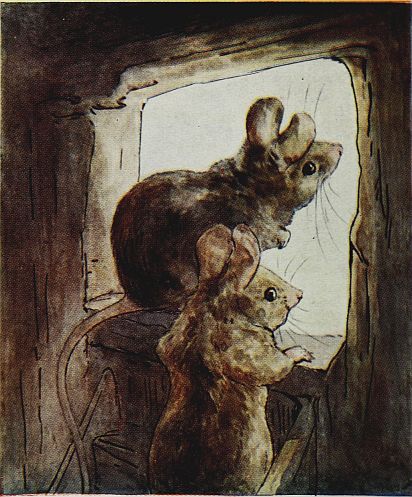 Tom Thumb and Hunca Munca looking out of their hole