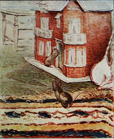 The two mice creeping cautiously towards the dollhouse