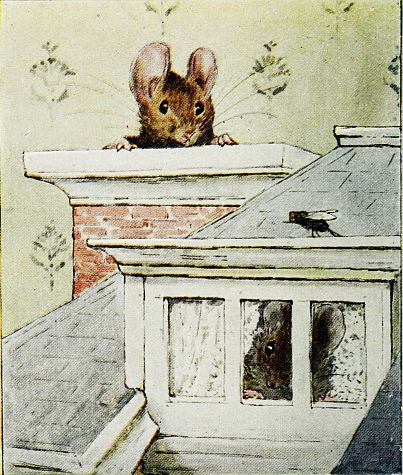 Tom Thumb looking out from the top of the dollhouse chimney
