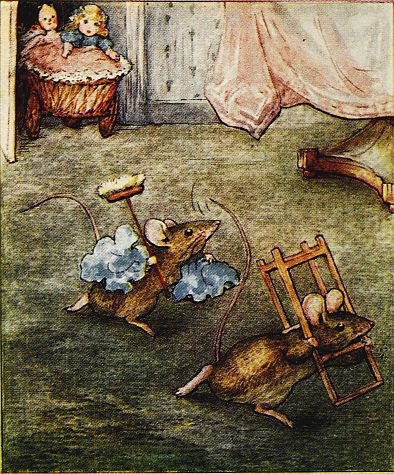 The mice rushing back to their hole as the dolls return