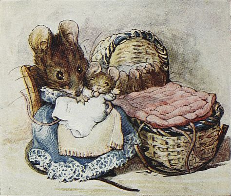 Hunca Munca at home with the stolen cradle and doll clothes