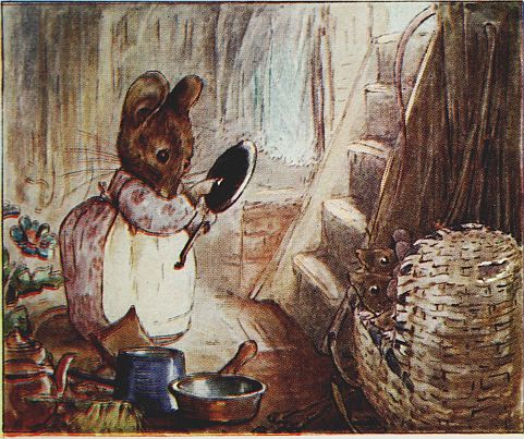 Hunca Munca with her stolen pots and pans
