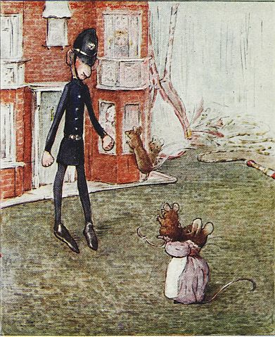 Hunca Munca showing her baby the tall policeman doll