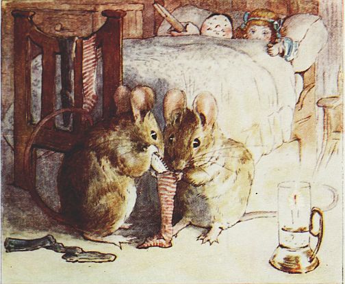 The mice stuffing the crooked sixpence into a doll stocking