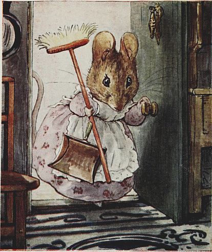 Hunca Munca sweeping the dollhouse with her broom