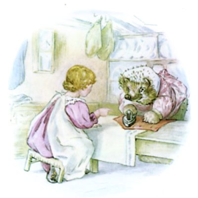 Mrs. Tiggy-Winkle ironing Cock Robin's scarlet waistcoat