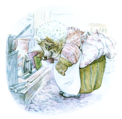 Mrs. Tiggy-Winkle fetching a hot iron from the fire