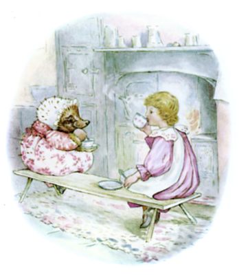 Lucie and Mrs. Tiggy-Winkle having tea by the fire