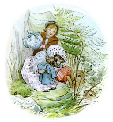 Delivering clean clothes to Peter Rabbit and Benjamin Bunny