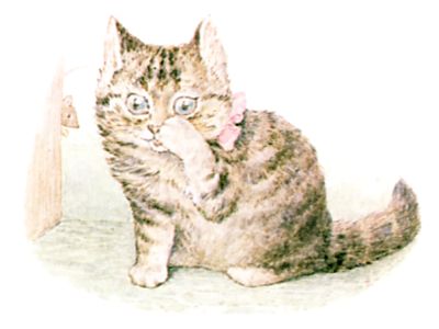 Miss Moppet hits her head on the cupboard