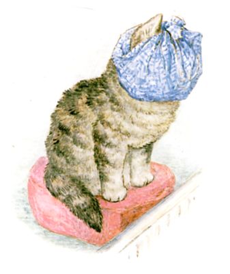 Miss Moppet ties up her head in a duster