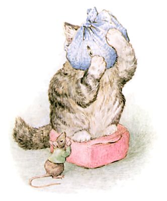 Miss Moppet looking through a hole in the duster
