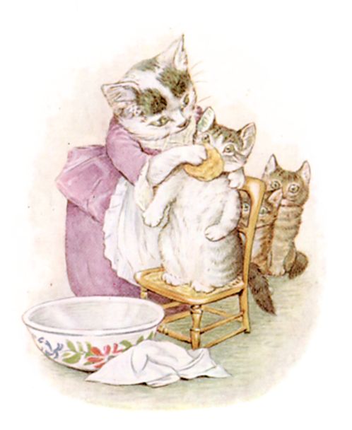 Mrs. Tabitha scrubbing Moppet's face