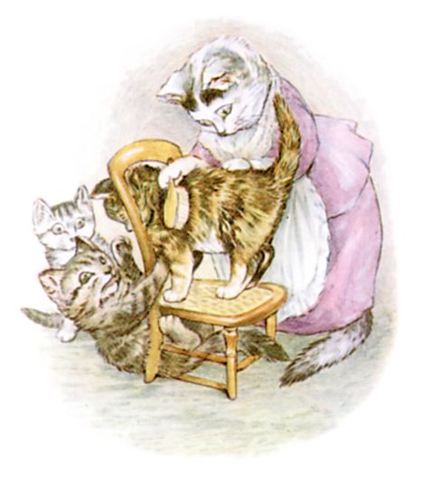 Mrs. Tabitha brushing Mittens' fur