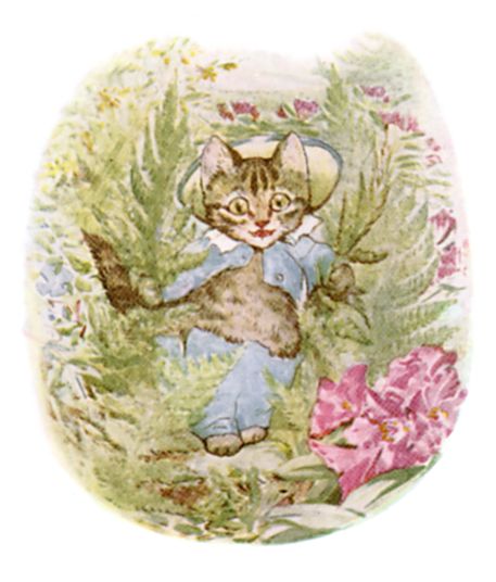 Tom Kitten losing his hat and buttons on the garden wall
