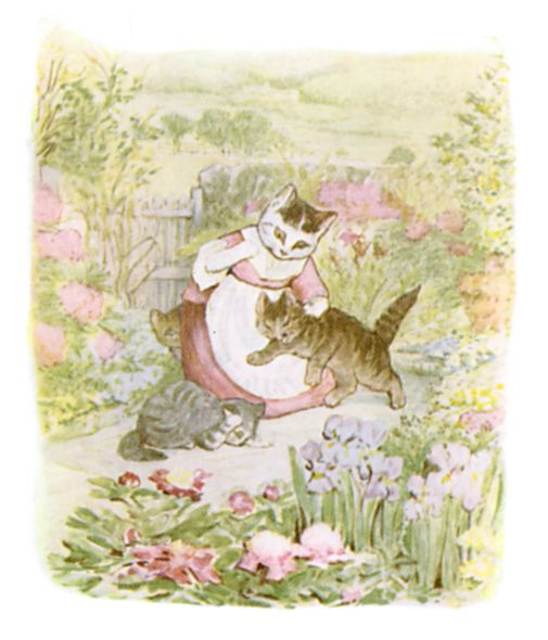 Mrs. Tabitha taking the kittens back to the house