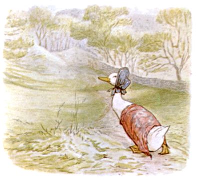 Jemima Puddle-duck setting off in her shawl and poke bonnet