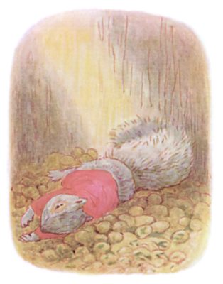 Timmy lying on the peck of nuts inside the tree