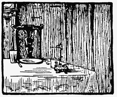 The kitchen table set for a sinister supper