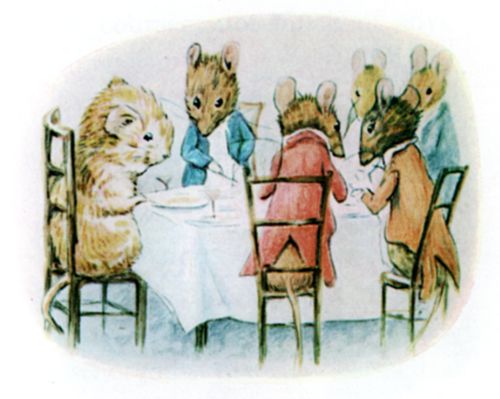 Nine elegant mice with long tails and white neckties