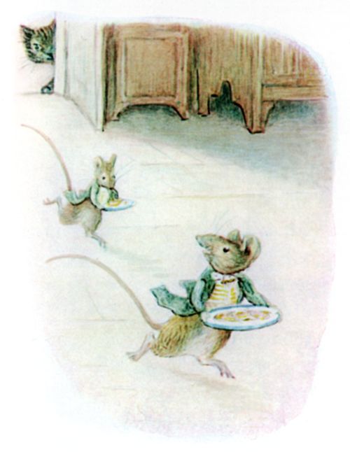 Young mice skirmishing for dessert while the cat chases them